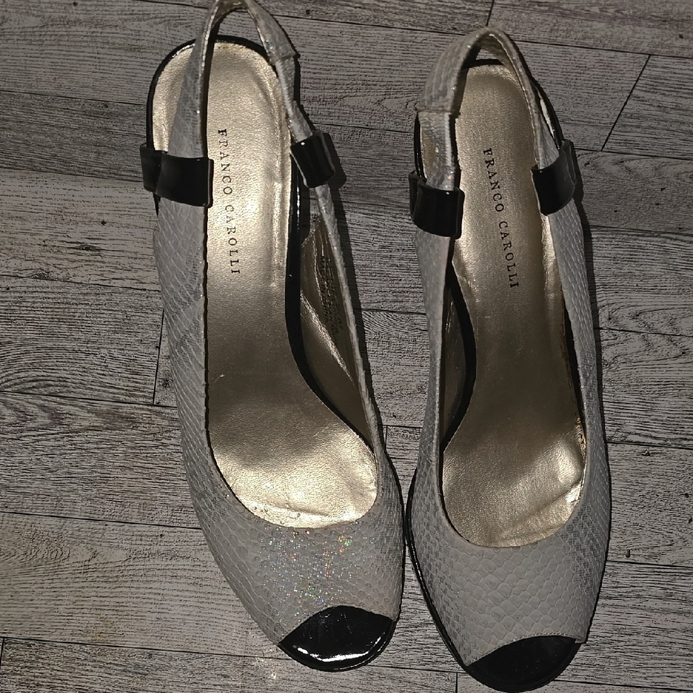 Franco Carolli Chic White and Black Slingback Heels with Stiletto Style